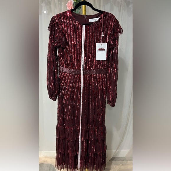 Mac Duggal Burgundy Sequin Long Sleeve Dress - Picture 2 of 6